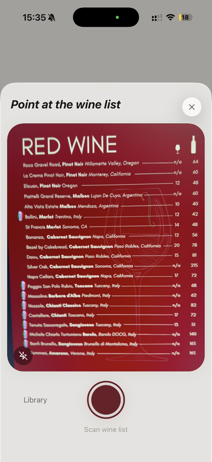 Restaurant wine list scan in SomeWine
